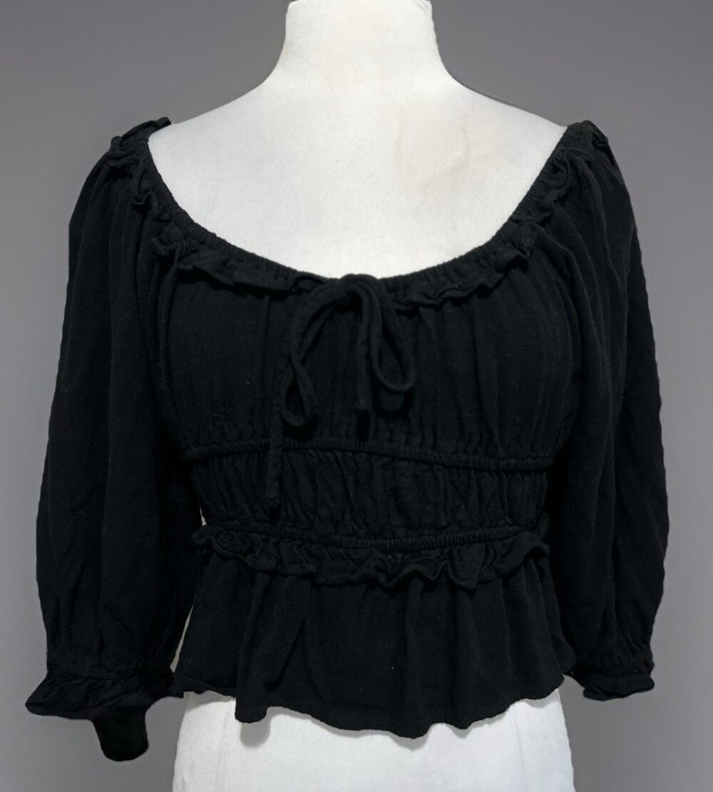ENTRO Blouse Womens Small Crop Top Black Pintuck Puff Sleeve Goth Pirate